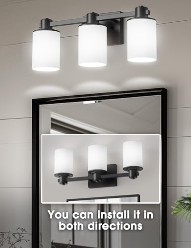 Bathroom Vanity Light Fixtures Over Mirror with Milk Glass Shade (Black & Milky White / 3-Light)