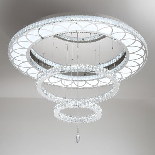 Dia 48" Large Crystal Chandelier Modern LED Ring Chandeliers Dimmable Flush Mount Chandelier Crystal Ceiling Light for Living Room Bedroom Foyer (Silver / W:48inches)