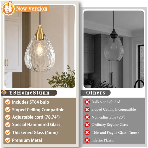 Gold Glass Pendant Lights Kitchen Island 8" Pendant Light Hammered Clear Glass 3 Pack Height Adjustable Modern Hanging Pendant Lights for Dining Room Bedroom Hallway Sink Bulbs Incl (Gold, 3 PK / 8 Inch)
