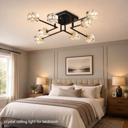 8 Light Crystal Semi Flush Mount Ceiling Light (Black+Gold (8-light))