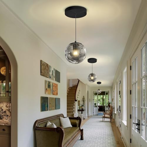 1 Light Black Pendant Light Fixtures Modern Smoke Gray Glass Globe Pendant Lights Kitchen Island Adjustable Hanging Lights Globe Stairwell Lighting Black Chandelier for Dining Room (Smoke Grey / Globe 1-Light)