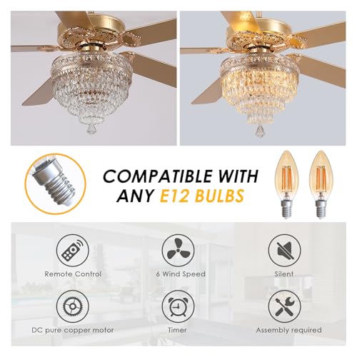 62"Golden Crystal Chandelier Ceiling Fans with Lights and Remote Control (Gold-62IN)