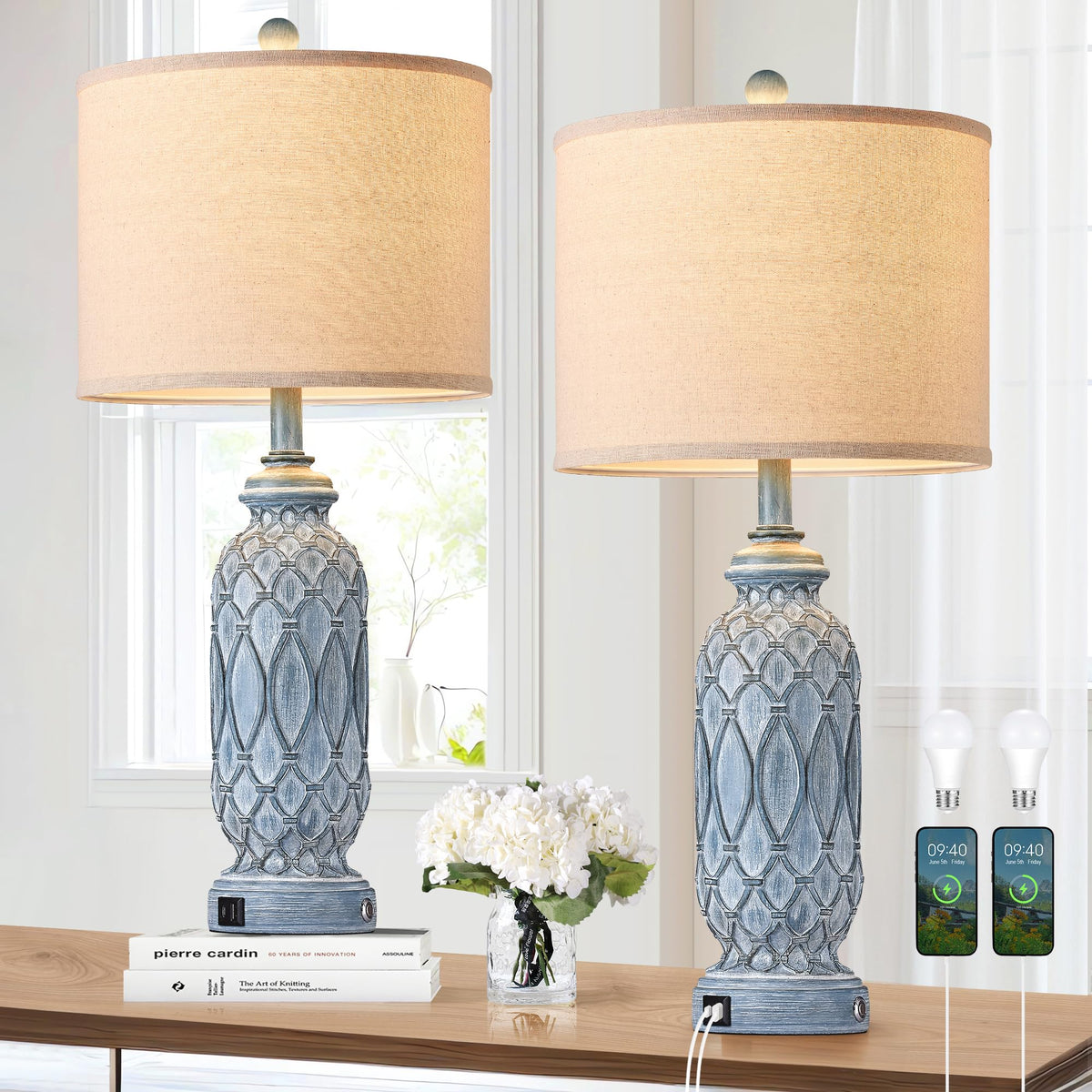 Farmhouse Lamps for Bedroom Set of 2 (3.Blue)