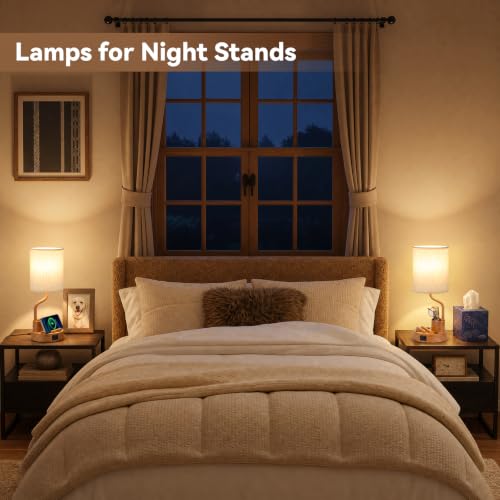 Bedside Lamps for Bedroom Set of 2 (Cream & Wood-grain)
