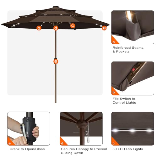 USA 10-Year-Non-Fading 10ft 3-Tier Market Patio Umbrella, Commercial Table Umbrella with 80 Solar LED Lights, Crank Open, Windproof & UPF 50+ UV Protection for Garden, Deck, Pool, Backyard, No Tilt, Chestnut (Chestnut / 10FT(Triple Vents No Tilt))