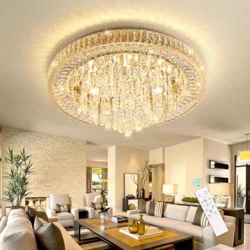 Modern Crystal Chandeliers for Living Room Ceiling Light Fixture LED Dimmable Lamp with Remote Pendant Lighting Flush Mount Ceiling Light for Dining Room Bedrooms Foyer (Gold / 31.5" Width)
