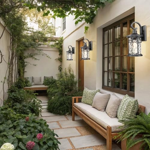 2 PCS Outdoor Porch Lights Wall Mount Sconces with Stone Glass Outdoor Lighting Waterproof Exterior Lantern for House Front Porch Patio Garage Doorway Garden (2Packs-Water Ripple Glass / Large)