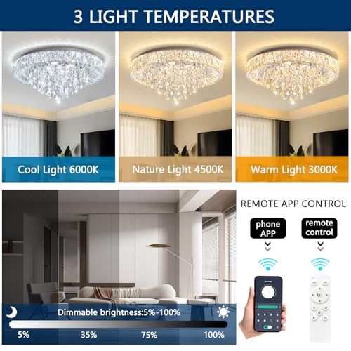 23.6" Modern Crystal Chandeliers LED Dimmable Flush Mount Ceiling Chandeliers for Living Room Entrance Foyer Bedroom Silver (Silver / 23.6" Width)