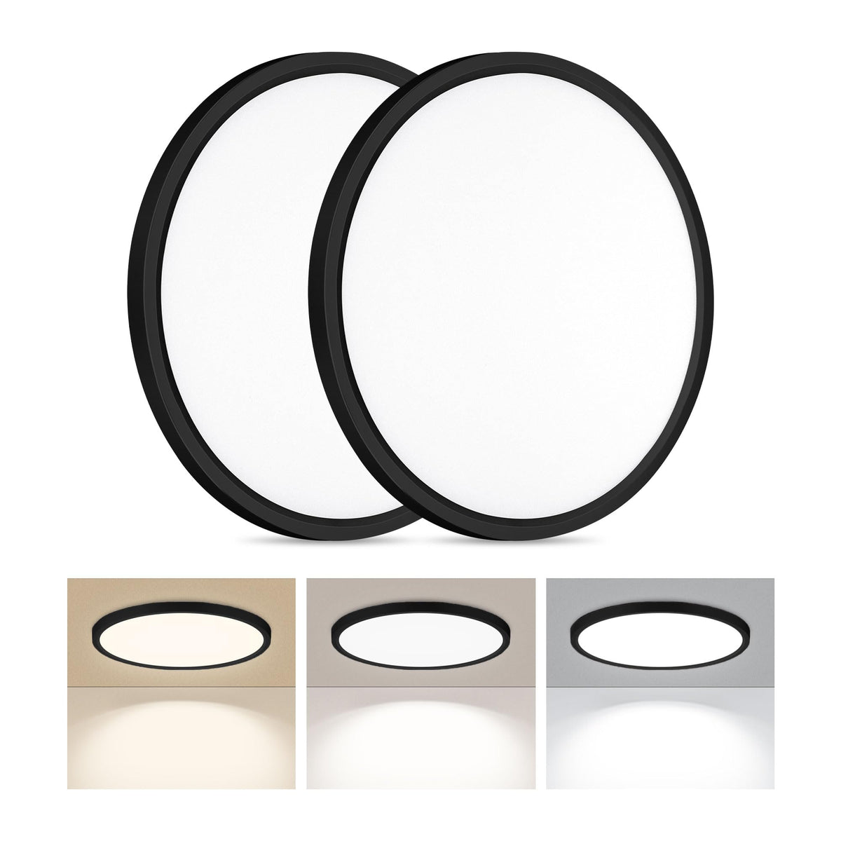 LED Flush Mount Ceiling Light 12in Thin 3CCT Black Wired (12Inch-2 Pack / Black)
