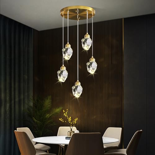 Gold 5 Light Crystal Stone Pendant (Gold / 5-Light)
