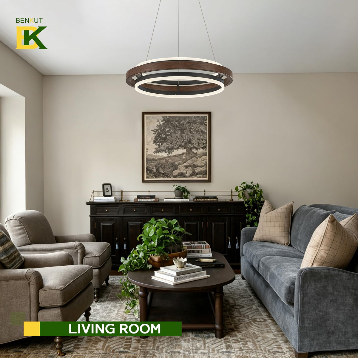 2 Rings Modern LED Chandelier Black Walnut Color with Remote (Wood Grain Black / 2 Rings 24 inches Up&Down)