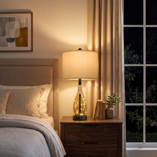 23" Table Lamps for Living Room Set of 2 Bedside Lamps for Night Stands Bedroom Lamps Farmhouse Rattan Boho Lamp Glass Nightlight End Table Lamp (Tea Brown)