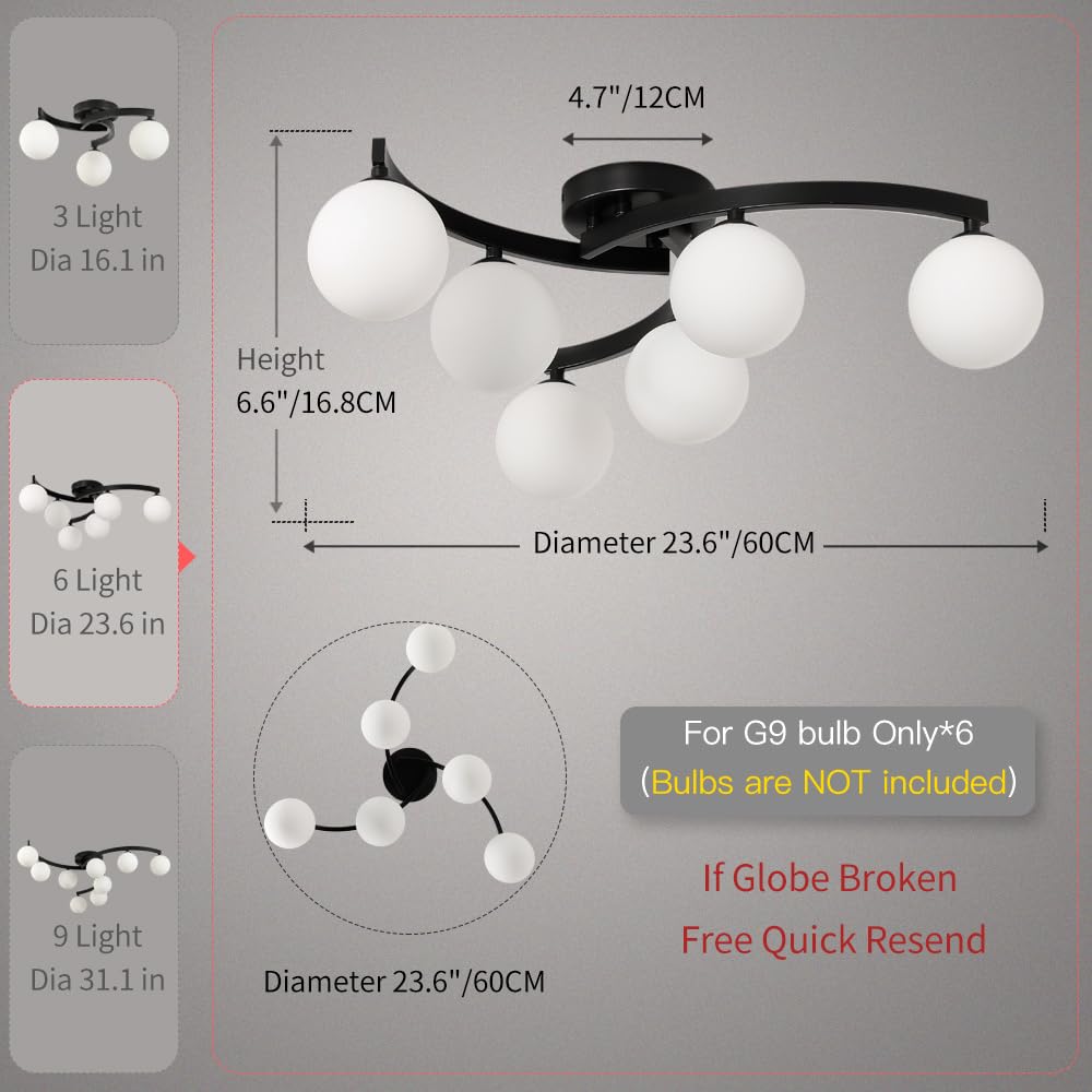 Modern Mid Century Black Glass Globe Semi Flush Mount Ceiling Light Fixture (6 Light)