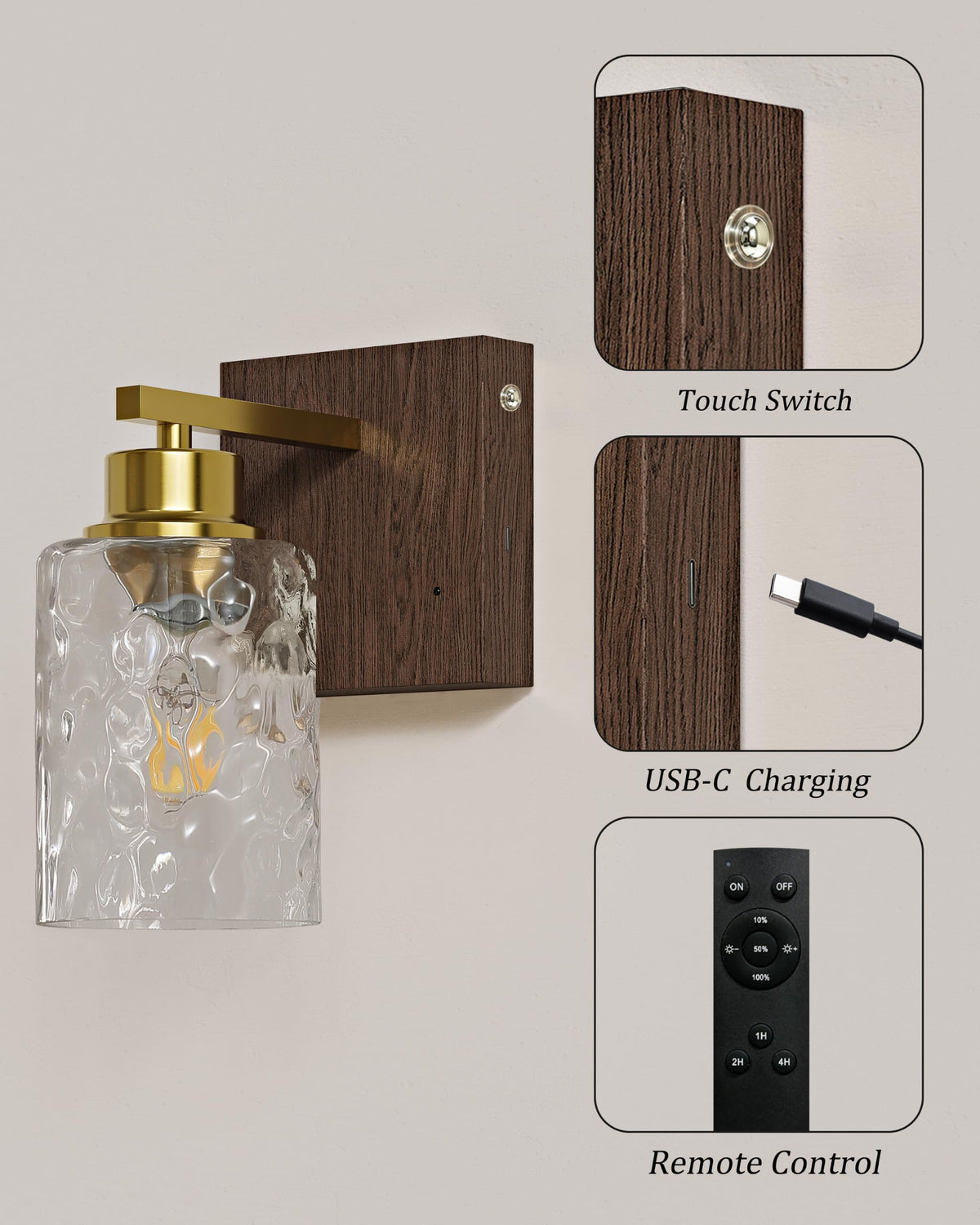 Hammered Glass Battery Operated Wall Sconces Set of Two Gold & Walnut (Gold Walnut(Clear Hammered Lampshades))