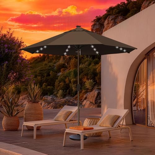 USA 10-Year-Non-Fading 10ft Market Patio Umbrella, Commercial Grade Table Sun Umbrella with 80 Solar LED Lights, Crank Open, Windproof & UPF 50+ UV Protection for Garden, Deck, Pool, Backyard, No Tilt, Chestnut (Chestnut / 10FT(Single Vent No Tilt))