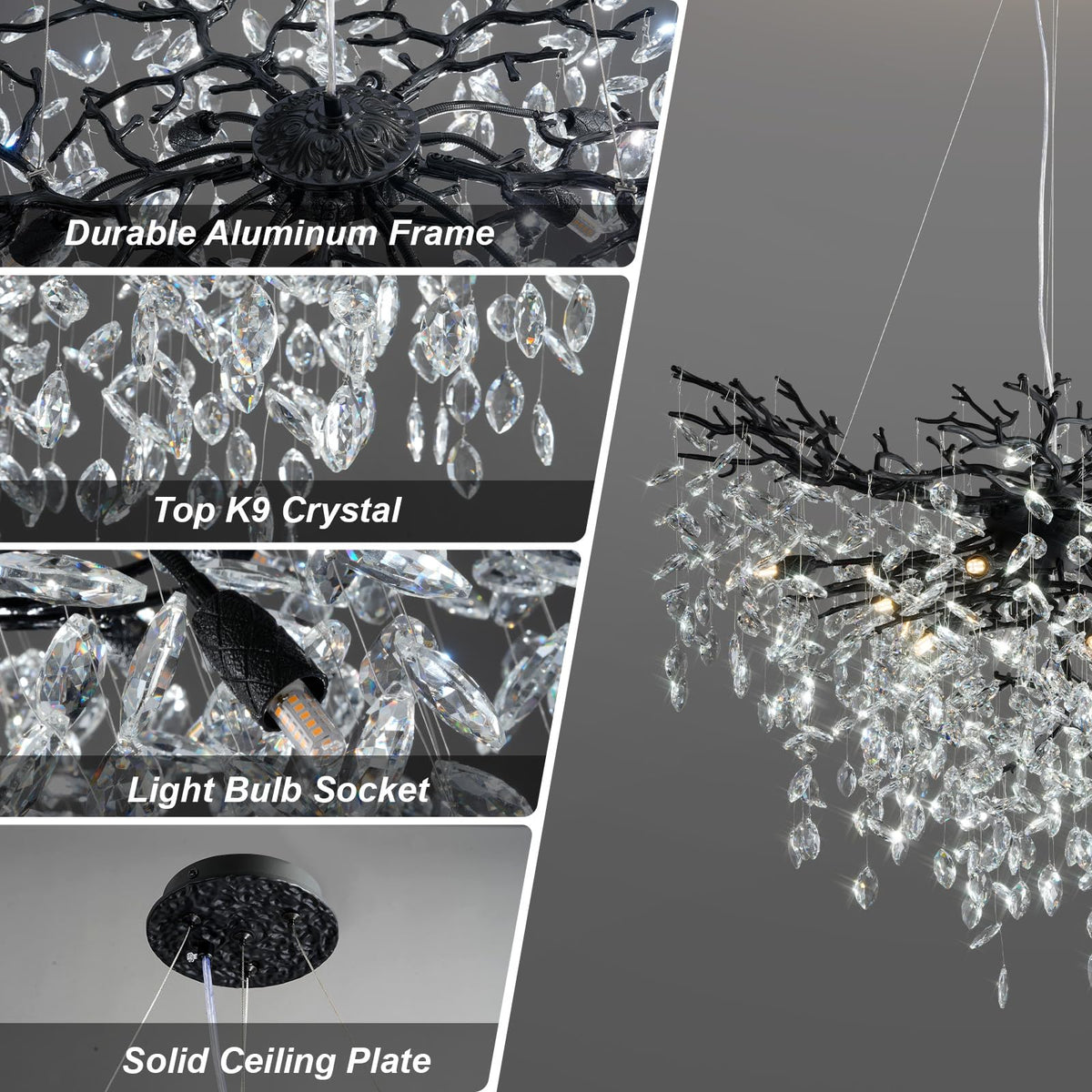 40" Black Crystal Chandelier (Black / Round-D40")