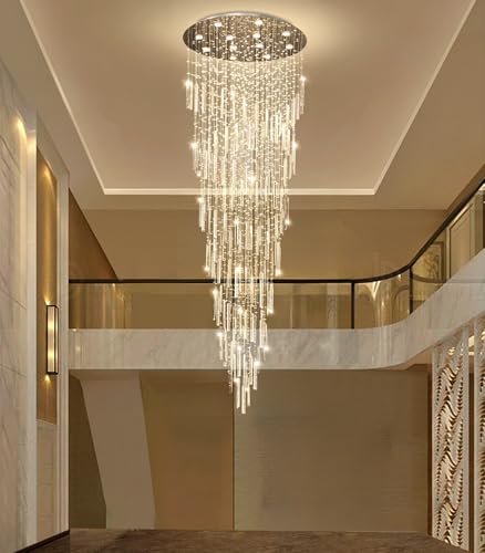 D32'' x H100'' Modern Crystal Chandelier High Ceiling Chandeliers for Entryway Glam Chandelier Large Raindrop Chandeliers LED Dimmable Light Fixtures for Staircaes Foyer Hallway Living Room Silver (D32'' x H100'' Silver)