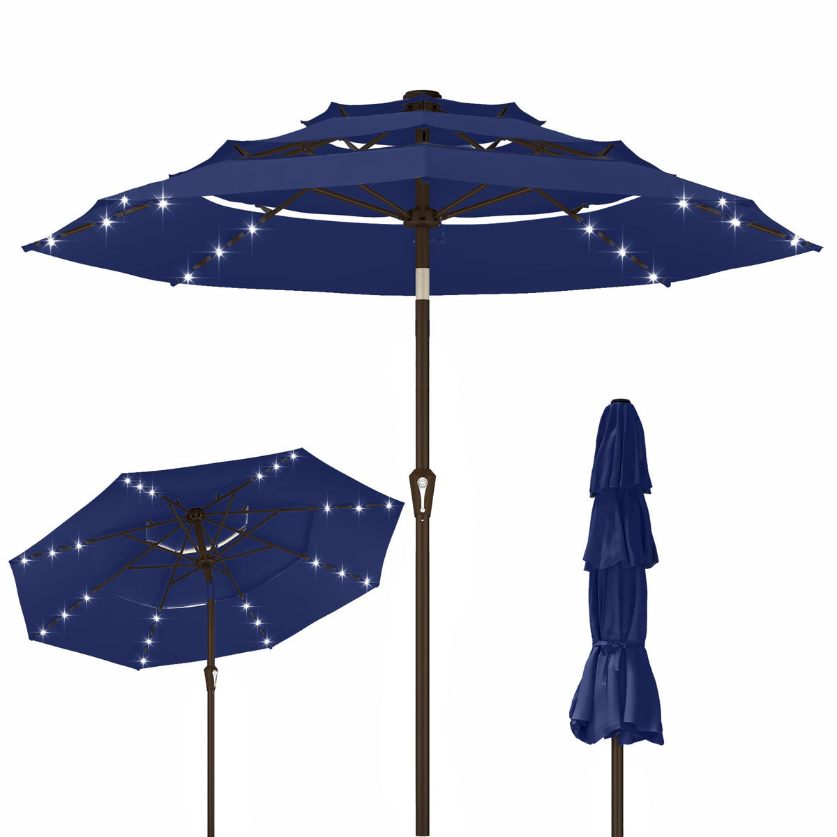9ft 3 Tier Patio Umbrella with Solar Lights (Navy blue / 9 FT)