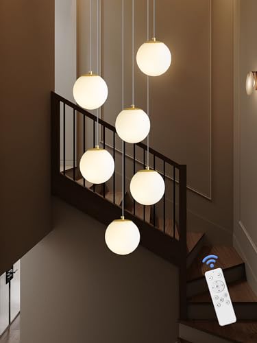 6 Light Chandelier with White Globe Glass Dimmable Ceiling Light Glass Pendant Light for Kitchen Island (Gold-White / Globe 6-Light)