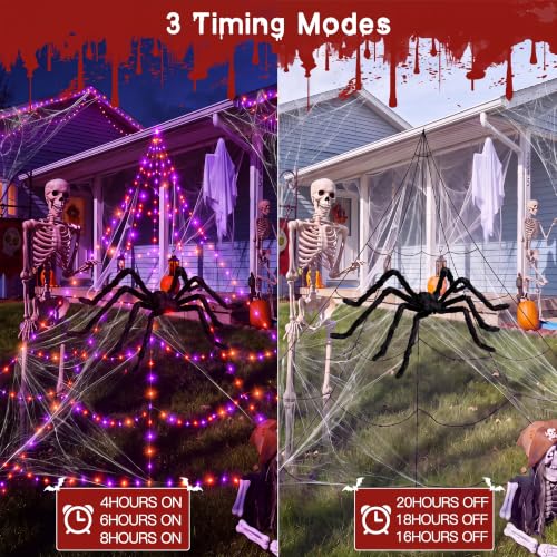 Halloween Sipder Web Lights 454 LED 16.4 FT Tall with Red Eyes Giant Spider (Orange&Purple / 16.4FT)