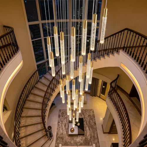 16 Foot Chandeliers for Living Room Entryway High Ceiling Light Fixtures Sloped Flush Mount Ceiling Pendant Lighting Dimmable Chandelier with Remote LED Crystal Pendants Lighting Gold Light (36 lights / Gold)