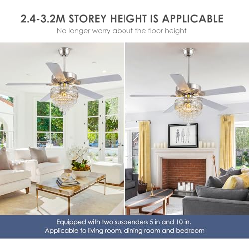 52" Silver Crystal Chandelier Ceiling Fans with Lights and Remote Control (Silver-52Inch)