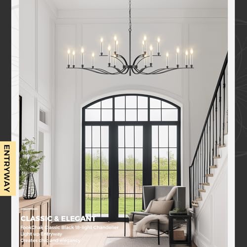 Black Living Room Chandelier 18 Light High Ceiling Foyer Candle Chandelier Large Dining Room Light Fixture Over Table 59in Metal Modern Chandeliers Hanging Light for Entry Master Bedroom (Black / 59 inch)