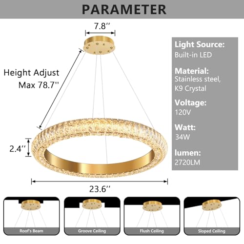 24" Ring Modern LED Dimmable Crystal Chandelier Adjustable Height Pendant Light Round Crystal Chandelier Light Fixtures for Dining Room Living Room Kitchen Island Gold (Gold / 1 Ring Round 24")