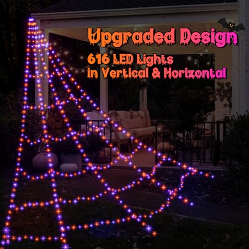 Halloween Spider Web Lights Spider Webs Halloween Decorations Outdoor with 59" Large Spider & 3.53oz Stretch Cobweb 16.4Ft Light Up Giant Spider Web with 8 Modes & Timer
