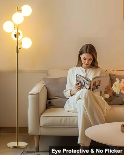Dimmable 5 Globe Floor Lamp Mid Century Modern Floor Lamp with 5Pcs 3000K Bulbs Included Brightness Adjustable Gold Standing Lamps for Living Room (5G-C-Gold)