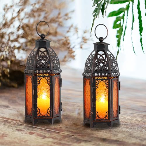 Set of 2 Moroccan Lanterns Decorative Indoor & Outdoor (Medium / Amber - 11''h)