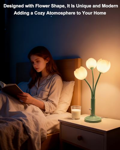 Flower Green Table Lamp Dimmable 3 Bulbs Included Gift for Nursery (12-Green-Flower-3U)