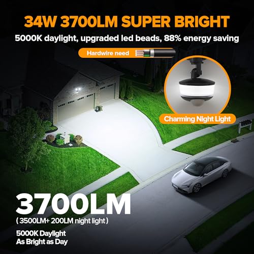 34W 3700 Lumen LED Security Light Motion Sensor Outdoor Lights with Night Light (Black / 1 Pcs)