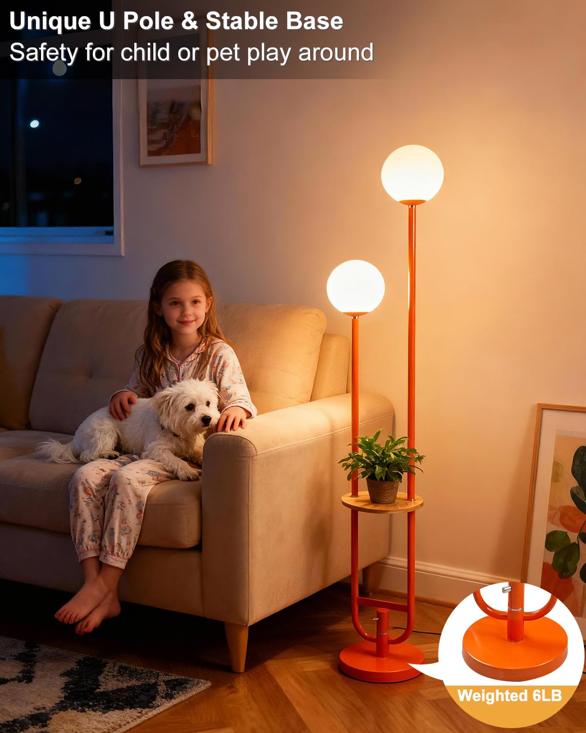 63IN 2 Globe Orange Floor Lamp Dimmable Tall Standing Lamps with Table 3000K Warm White Unique Modern Mid Century Floor Lamp with 5Lbs Heavy Base for Living Room Bedroom Home Office (Orange-2U)