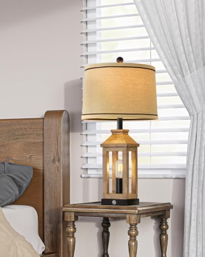 23.75" Farmhouse Table Lamps USB A+C Charging Ports 3 (Wood)