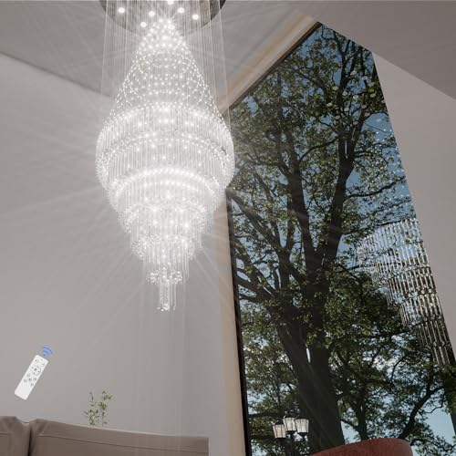 D48''X H120''High Ceiling Chandelier Crystal Raindrop Chandeliers Large Villa Chandelier Entrance Foyer Hight Ceiling Lighting LED Dimmable 2700K (Silver / D48"X H120")