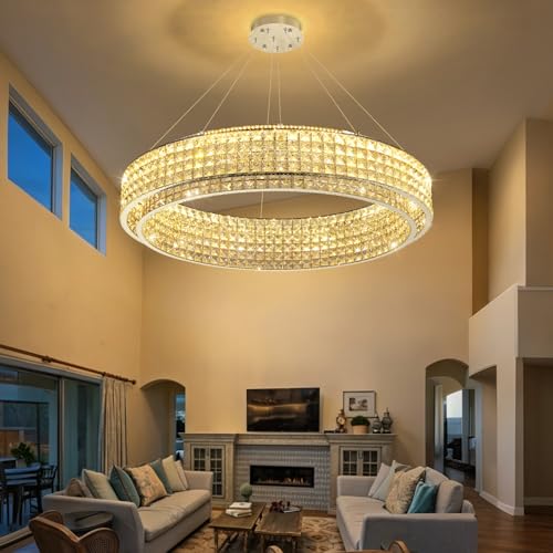 W40 Modern Chandeliers for Living Room LED Dimmable Pendant Lighting High Ceiling Chandelier for Dining Room Foyer Hallway Crystal Rectangle Light Fixtures Silver (Silver / Round 40")