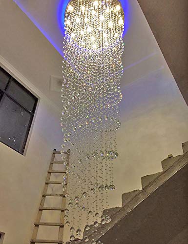 118inch Modern Crystal Chandelier for High Ceiling Living Room Foyer Crystal Raindrop Pendant Light Dimmable Lighting with Remote Straircase Fixture LED Bulbs (Silver / Spiral W32" X H118")