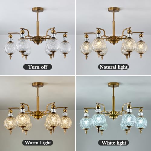 Vintage Gold Sputnik Chandelier 6 Lights Crystal Adjustable Hanging Ceiling Light Fixture Antique Large Pendant Lighting with Glass Globe Shade for Living Room Dinning Room Bedroom Kitchen (Gold / 6 light)