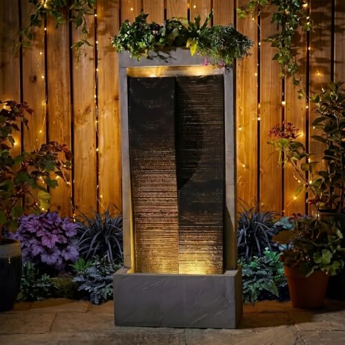 59H Modern Outdoor Water Fountain with LED Light Garden Cascading Waterfall Feature for Indoor or Outdoor Large Water Fountain for Relaxing Garden Patio Backyard Deck Porch or Home Décor (59.06H / Gray)