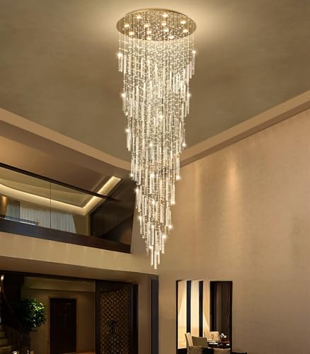 98'' Modern Crystal Chandelier High Ceiling Chandeliers for Entryway Large Raindrop Chandeliers LED Dimmable Flush Mount Light Fixtures for Staircaes Foyer Hallway Living Room LED Bulbs Included Gold (D32'' x H100'' Gold)
