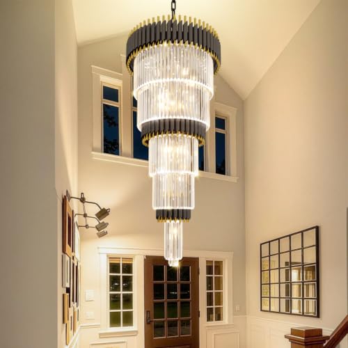 Staircase Chandeliers for High Ceiling Large Black and Gold Crystal Chandelier Long Entryway Chandeliers Adjustable Chain for Foyer Living Room Entryway 24″W x 48″H (D24"XH48" Black)