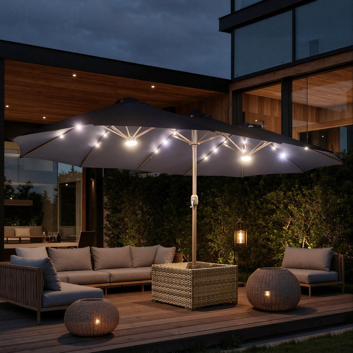 15FT Double Sided Rectangular Patio Umbrella with USB Rechargeable Warm LED Lights (Blue)