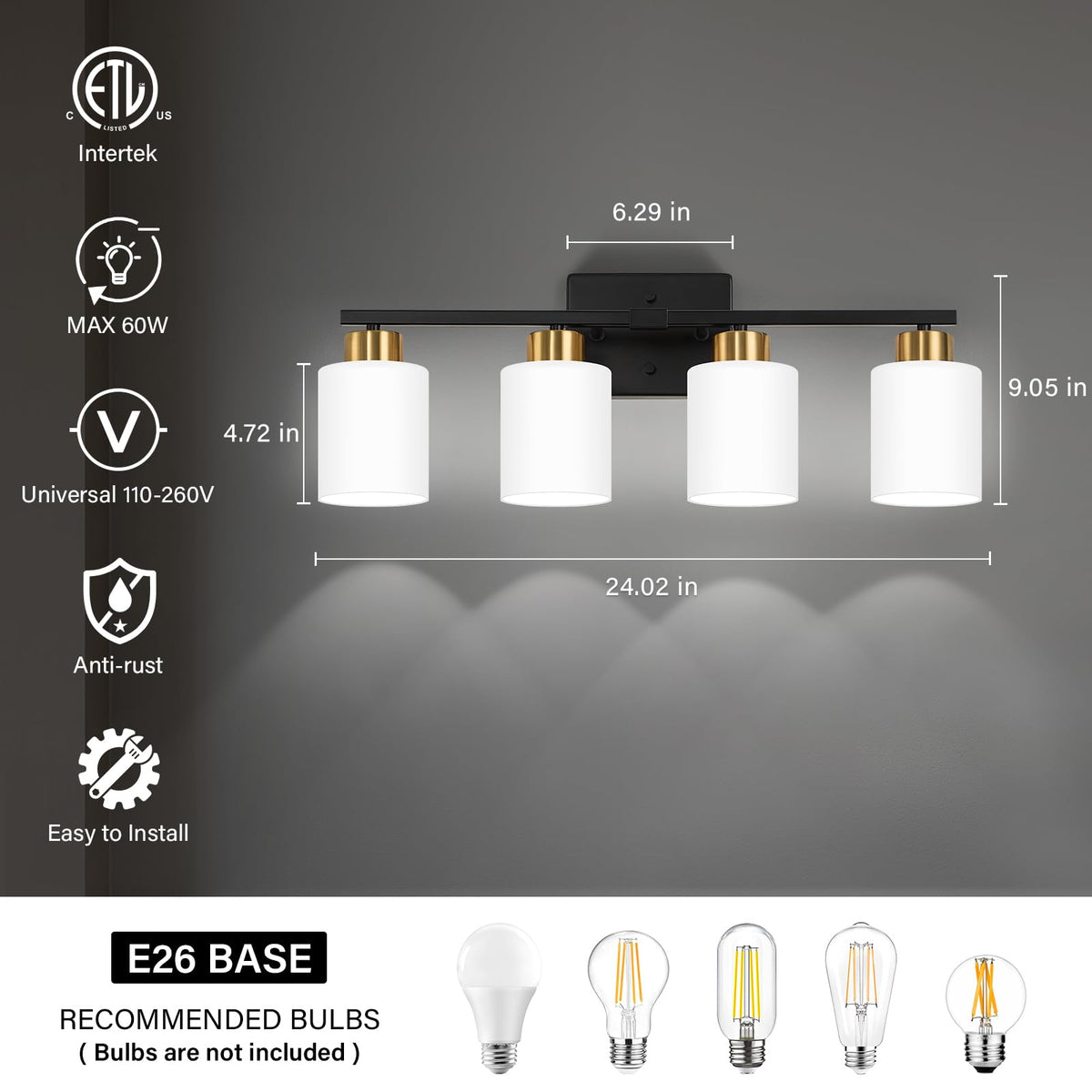 Black and Gold Bathroom Light Fixtures Vanity Lights Over Mirror (Black and Gold / 24.02 inch)