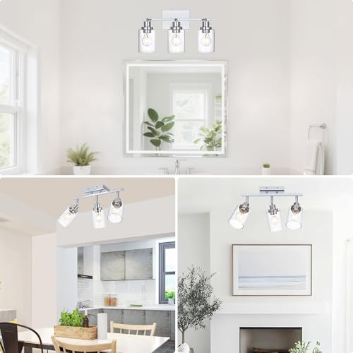 3 Light Track Lighting Kit Ceiling Kitchen Track Lighting Fixtures Chrome Bathroom Vanity Wall Lights with Clear Glass Multi (Chrome / 3-Light)