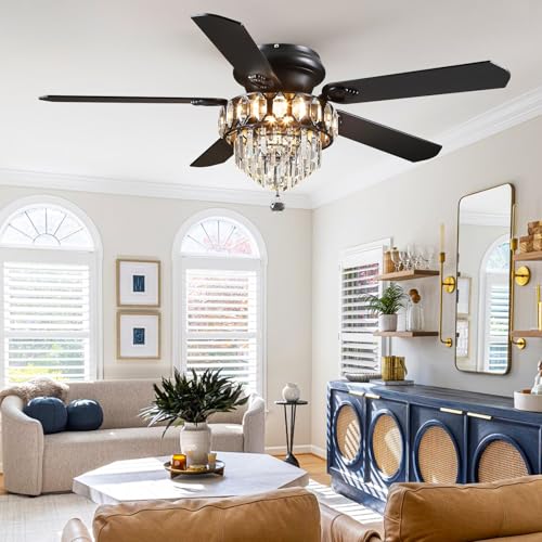 52" Low Profile Crystal Ceiling Fans with LED Lights and Remote (Black-52IN-8337)