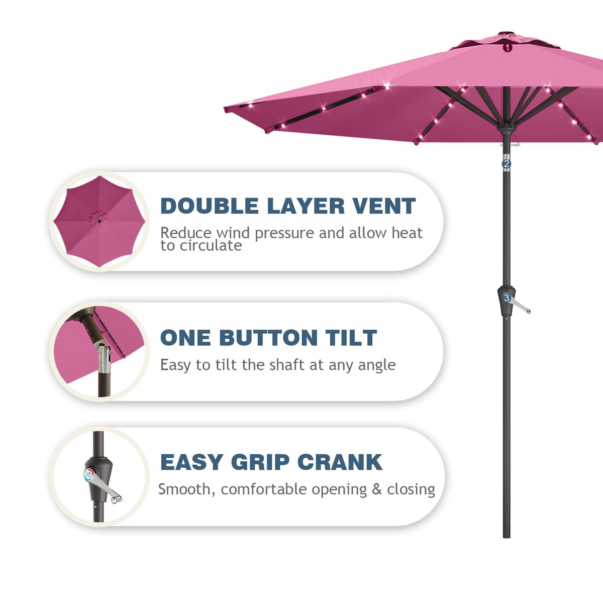 9FT Patio Umbrella with Solar Lights (Rose Pink)