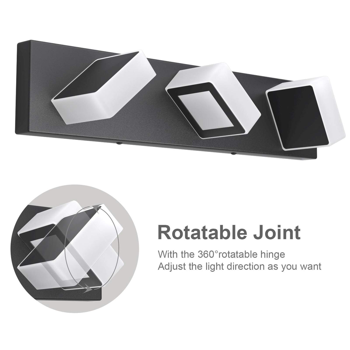 LED Modern Black Bathroom Vanity Lights 3 Lights Acrylic Modern Black Bathroom Wall Lighting Fixtures (Black-White light / 20 inch)