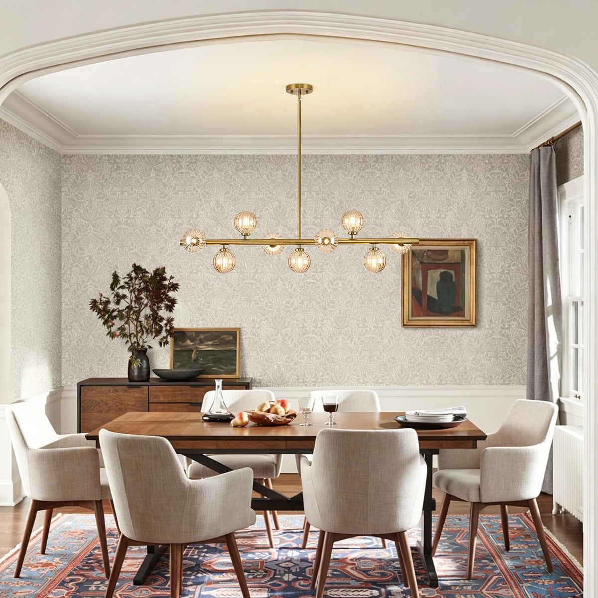 Linear Sputnik Dining Chandelier (Gold + Amber / 9-Light 40 Inch)