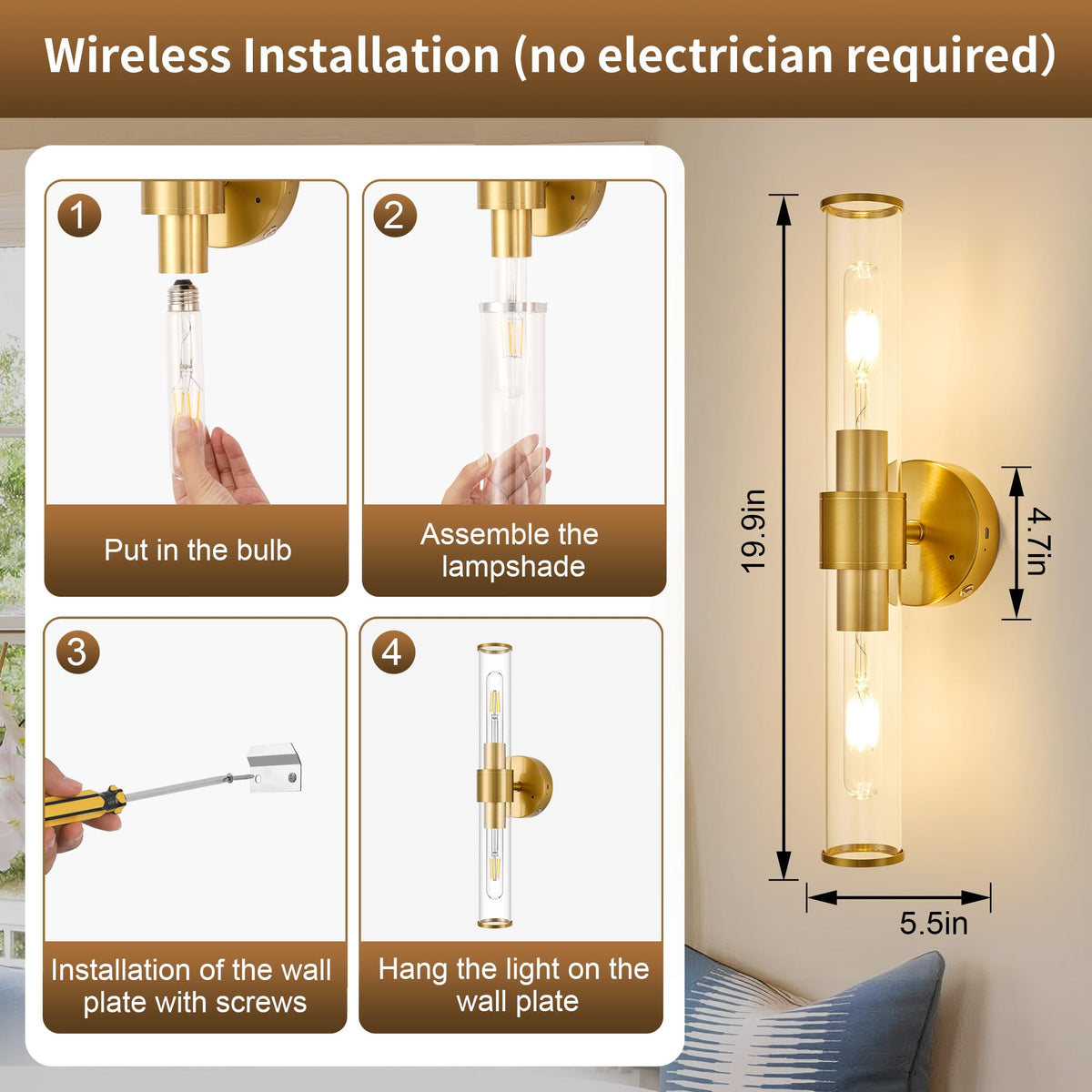 Gold Battery Operated Wall Sconces Set of 2 (Gold)